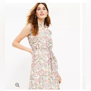 LOFT SLEEVELESS CREAM AND CORAL FLORAL PRINT MIDI DRESS SIZE XXS